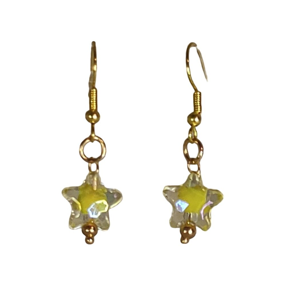 NEW Handmade/Homemade Pastel Yellow Bead in Clear Star on Gold Drop Earrings